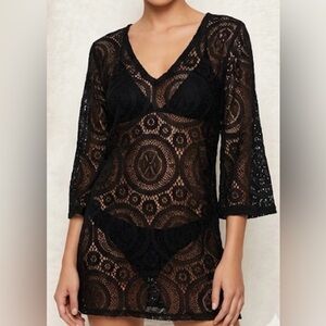 Portocruz Black Lace Bell Sleeve Swim Cover Up Size S
